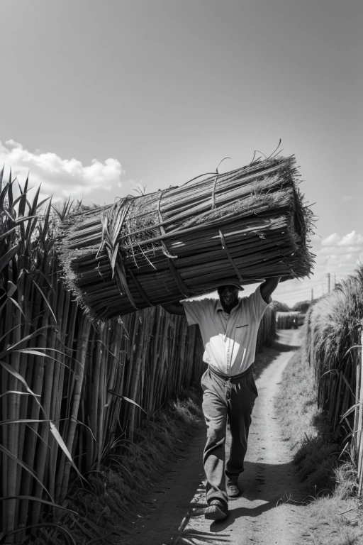 crie uma imagem em preto e branco, of a farmer carrying a large bundle of sugar cane on his back. I would like the drawing to be in black and white style, handmade, black pencil drawing, with detailed lines and subtle shading. The scene must take place on a sugar cane plantation, with the tall plants around.