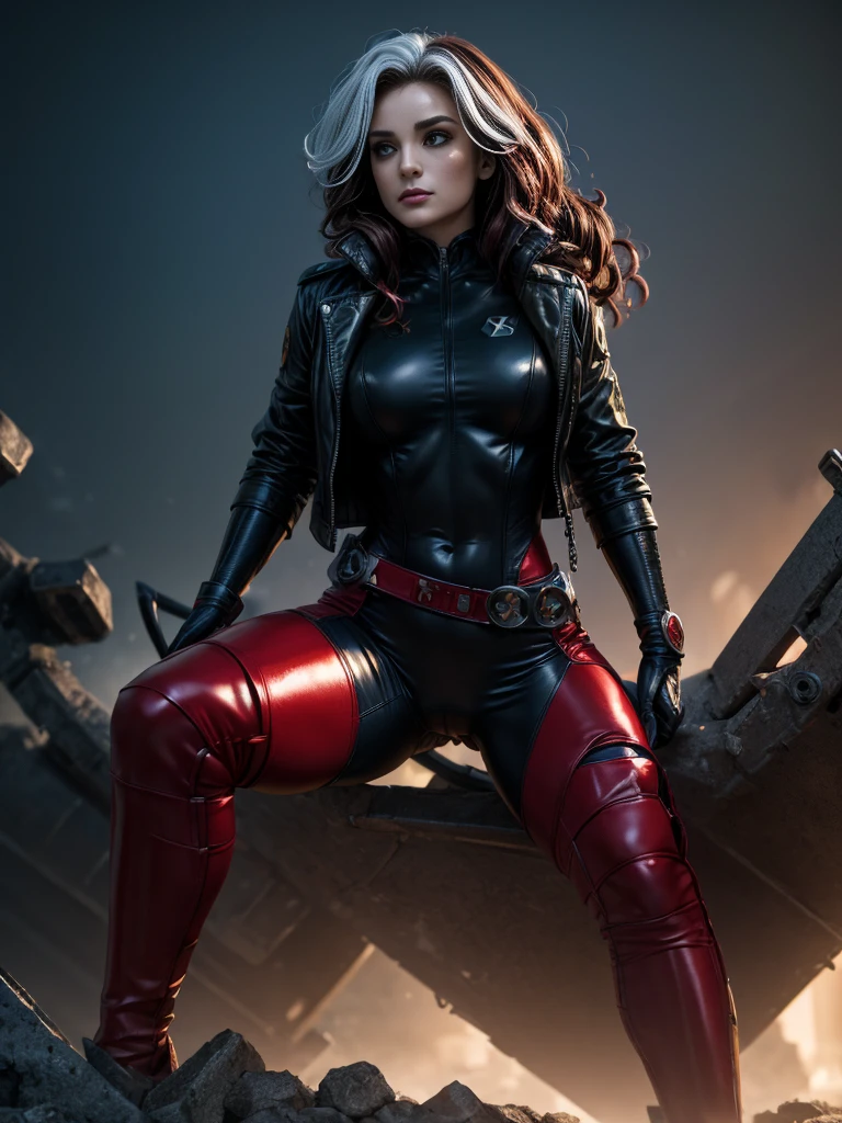 Lea Michele、masterpiece、High quality 4K、villain (X-Men)、Gothic Girl、Sculpted Body Gothic Makeup、Black jacket、Red and blue bodysuit、masterpiece、Highest quality、Cowboy Shots、One personの女の子、One person、Technology Military Bodysuit、fringe