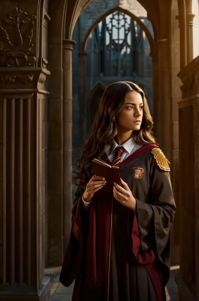 Create an image of a shoulder length dark-haired young woman with hazel eyes wearing Gryffindor uniform from Hogwarts. She should have a striking resemblance to Kaya Scodelario with a medium chest size. Position her in the foreground, with the majestic Hogwarts castle courtyard as the backdrop, bathed in the soft, golden light of a setting sun. The scene should capture the enchantment and grandeur of the magical world, emphasizing the young woman's confident and determined expression.
