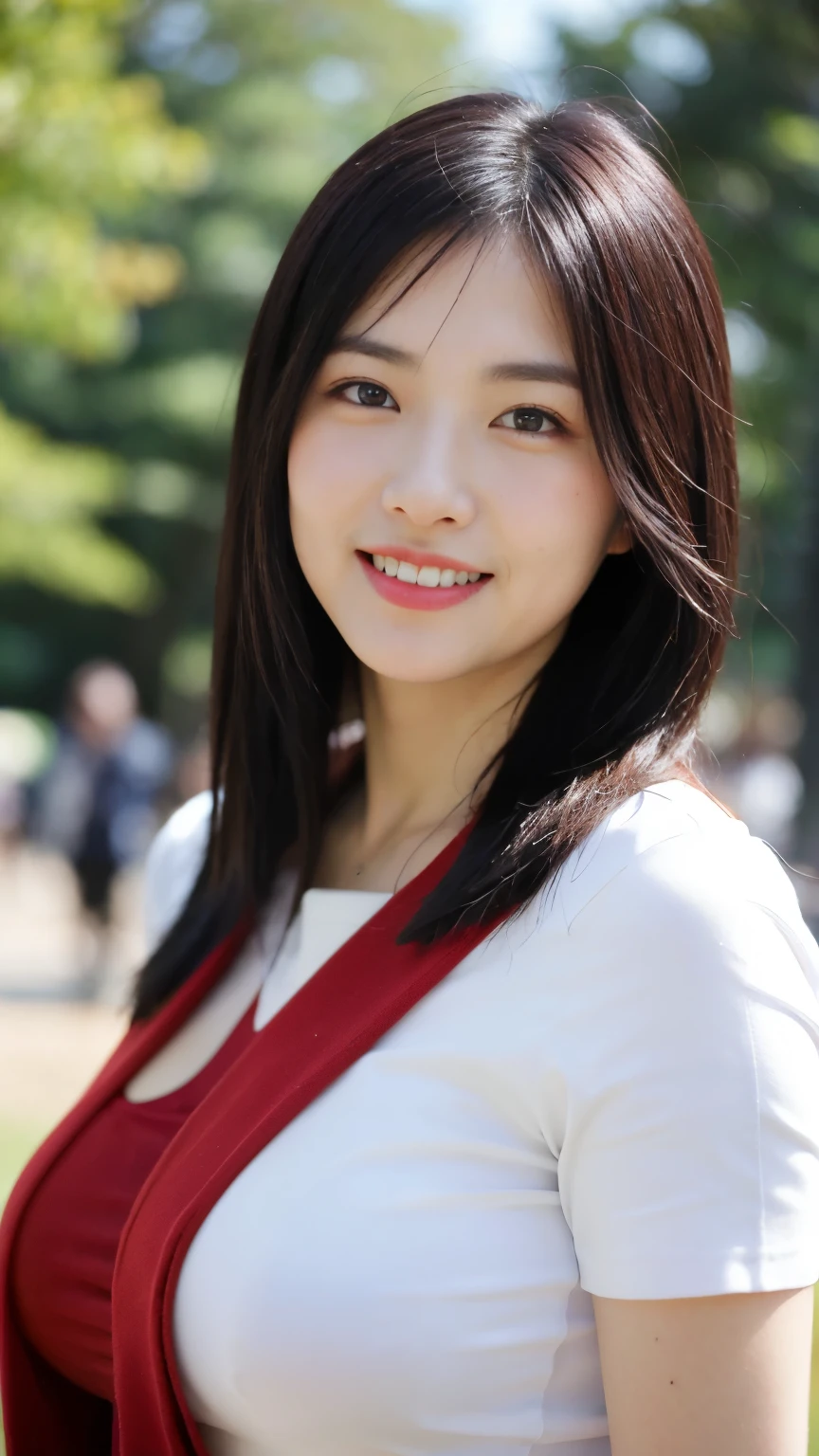 Standing in the park, Wrinkles around the eyes, Smiling with teeth showing, Plain short-sleeved clothing, senior citizen, Draw lips correctly, Red lipstick, No discomfort, 16K, Highest quality, Very detailed, Realistic, Very detailed肌, (Japanese), (alone), 100 years old, Large Breasts, , Glamour, sexy, Chromo White Skin, Staring straight ahead,