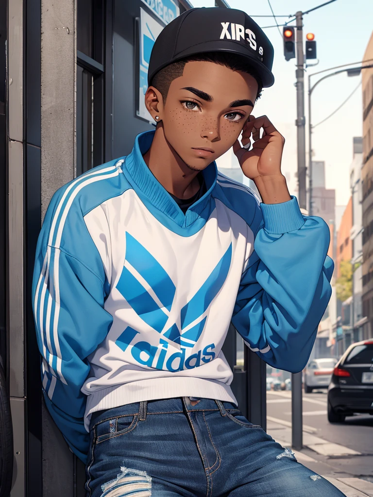 Young man about 19 years old wearing a blue Adidas Urbana white collar shirt , tight jeans and a black adidas urban cap , his brown eyes , eyebrows a little thick. has presentable freckles