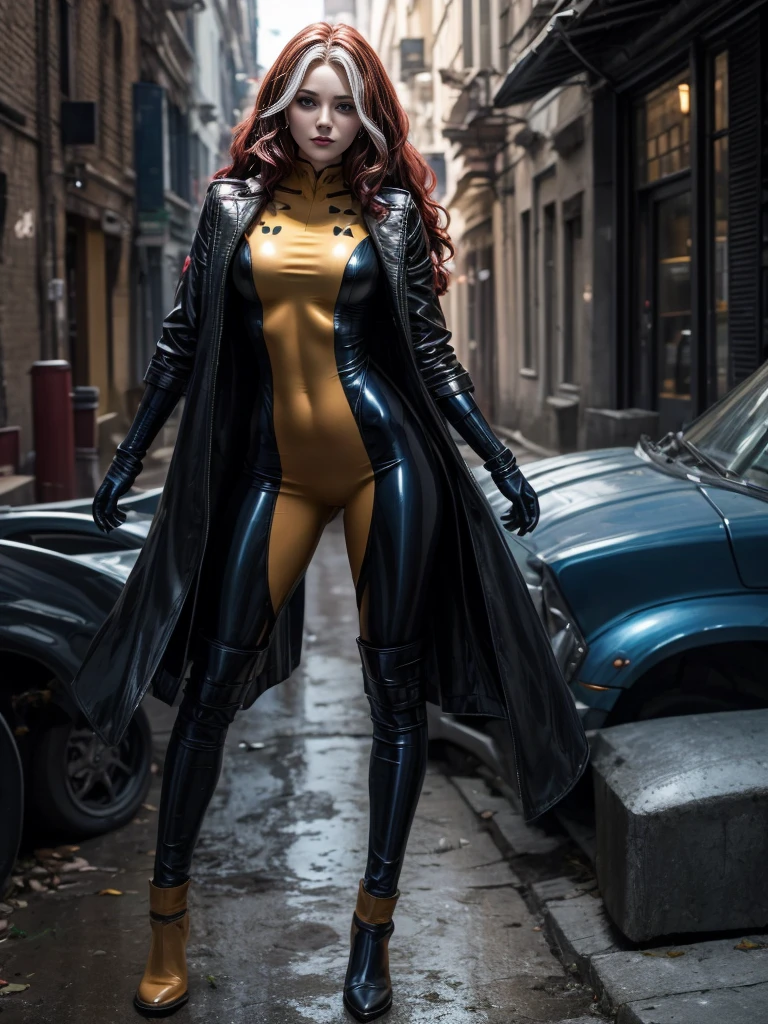 Kat Denningasterpiece、High quality 4K、villain (X-Men)、Gothic Girl、Sculpted Body Gothic Makeup、Black jacket、Red and blue bodysuit、masterpiece、Highest quality、Cowboy Shots、One personの女の子、One person、Technology Military Bodysuit、fringe