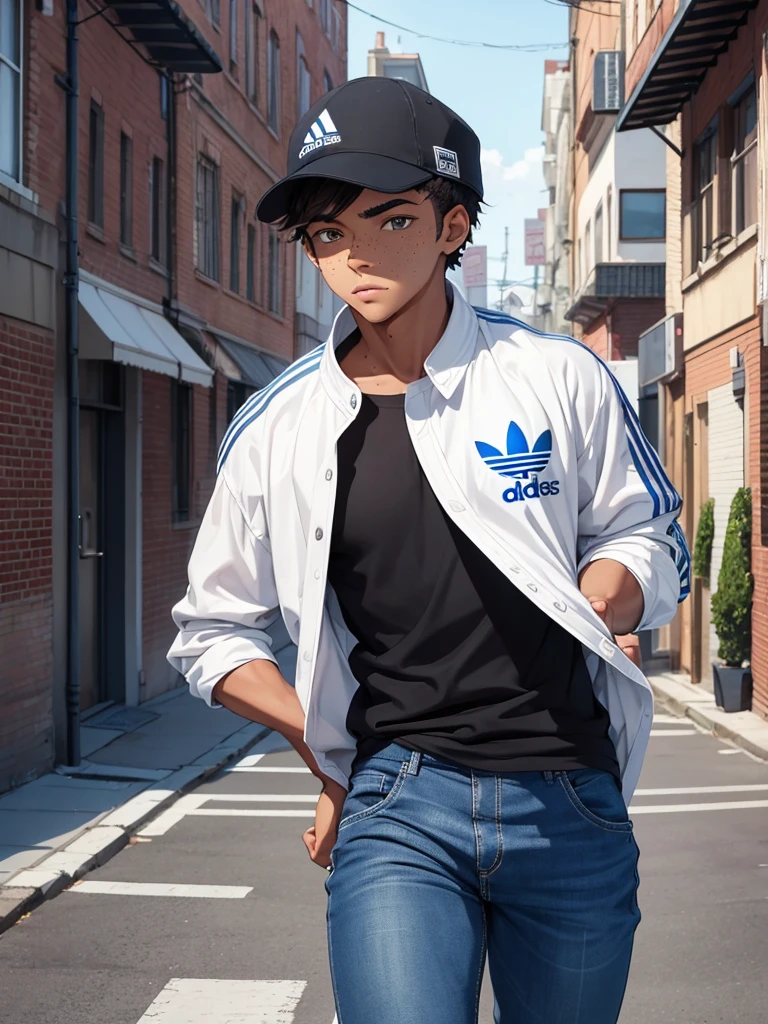 Young man about 19 years old wearing a blue Adidas Urbana white collar shirt , tight jeans and a black adidas urban cap , his brown eyes , eyebrows a little thick. has presentable freckles