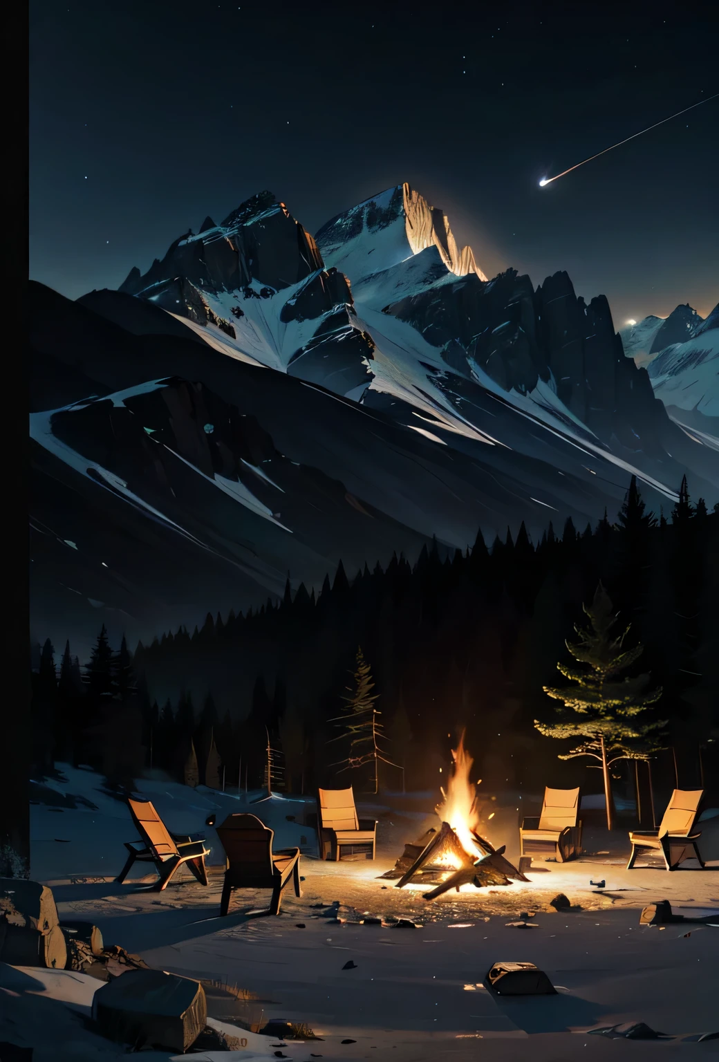 A group of caravanners in a rugged wilderness landscape,Under the moonlit night sky,Rest around the campfire, middle Ages, Clear focus, Extremely detailed, Reality, best quality, 8K