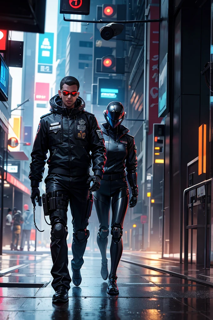 A Cyberpunk Robot Policeman with a security camera for a head and a complete armour