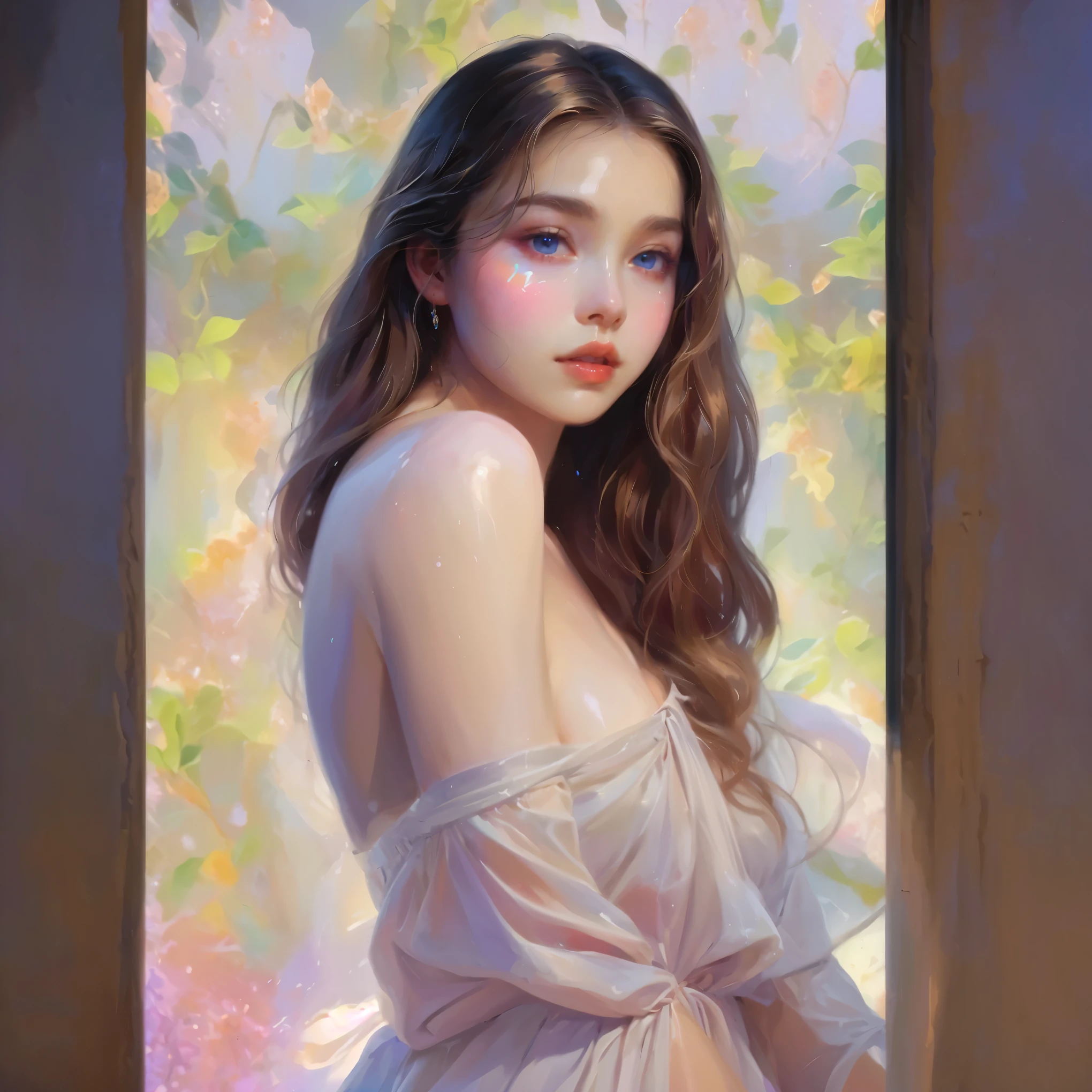 1girl, solo, beautiful detailed eyes, beautifully detailed lips, pale skin, delicate features, porcelain-like complexion, elegant pose, graceful posture, ethereal beauty, light atmosphere, soft and subtle lighting, delicate, fine brushstrokes, realistic rendering, vibrant colors, dreamlike ambiance, soft painting style, a sense of tranquility, a masterpiece capturing the essence of purity and grace, gorgeous breasts, cleavage, sexy, ((aesthetic soft painting background)), (Style by NTY), sexy, ((rainbow glowing specks on the skin)), ((wet skin)), mascara, eyelashes, glitter on her face, sexy lips, nice contrast, light particles, soft lighting, volumetric lighting, finely detailed, ((big breasts)), (((looking at the viewer))), extremely beautiful eyes, Extremely detailed eyes, light color eyes