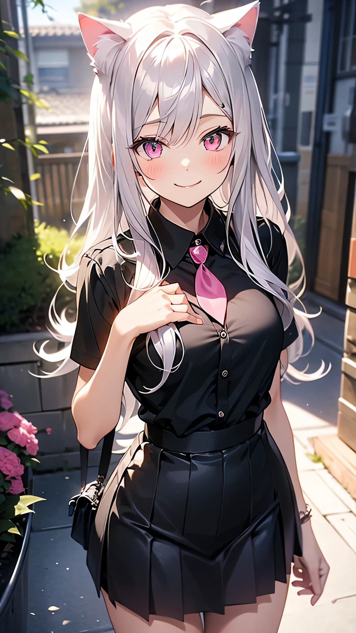 Center of chest,pretty girl,Cat ear,Beautiful silver hair,Pink inside,Beautiful pink eyes,black shirt,black skirt,dark,smile