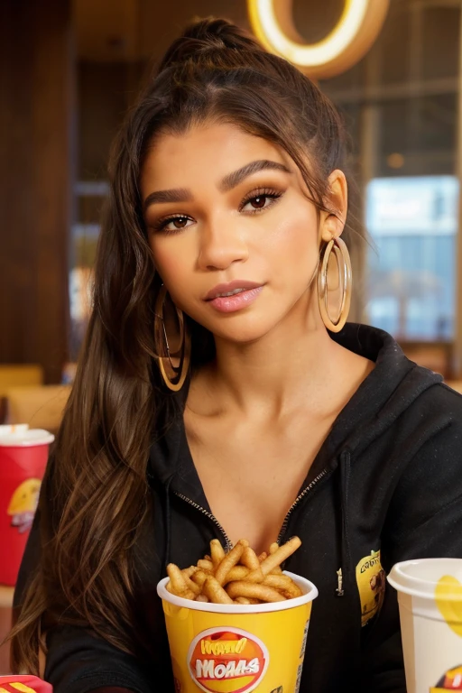 gorgeous Biracial woman with long straight brown hair with edges, brown eyes, smoky eye makeup, big gold hoop earrings, wearing a zip up McDonald’s sweatshirt, eating a bucket of McDonald’s chicken nuggets and drinking a McDonald’s soda, long red/yellow nails, in McDonald’s restaurant