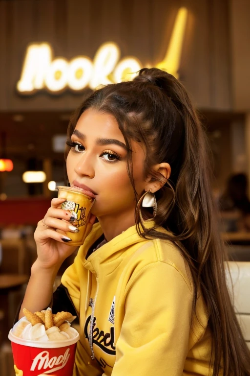gorgeous Biracial woman with long straight brown hair with edges, brown eyes, smoky eye makeup, big gold hoop earrings, wearing a zip up McDonald’s sweatshirt, eating a bucket of McDonald’s chicken nuggets and drinking a McDonald’s soda, long red/yellow nails, in McDonald’s restaurant
