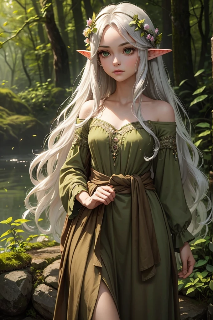 Dolly is a young elf with long silver hair that falls in soft waves down to her waist.. His eyes are a deep green, reflecting the serenity of ancient forests. Her skin is clear and has an ethereal glow., as if always bathed in moonlight. Dress in simple, functional clothes, generally made from natural fabrics and dyed in shades of green and brown, adorned with small accessories made of leaves and flowers.
