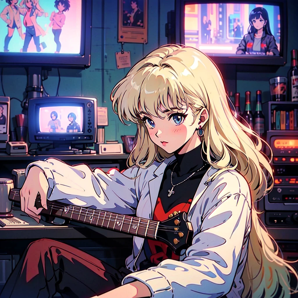 A city pop poster with a retro 80s feel、Imagine the album cover。With the highest quality anime illustrations、The main character is a blonde girl with short hair.。Her eyes shine blue、He is wearing sunglasses and rapper-style clothing.、Holding a guitar、I'm wearing headphones。
The image is in a dynamic pose.、Drawn from a novel angle。Created in high definition like 4K、Creates the feeling of being in a dark room。The room was lit by blue lights.、It has a fantastic atmosphere。The room is a small space like a 1K.、The window offers a view of downtown Shinjuku.。
This work depicts a night city enveloped in neon lights.、This will be a record that allows you to fully enjoy the charm of city pop.。