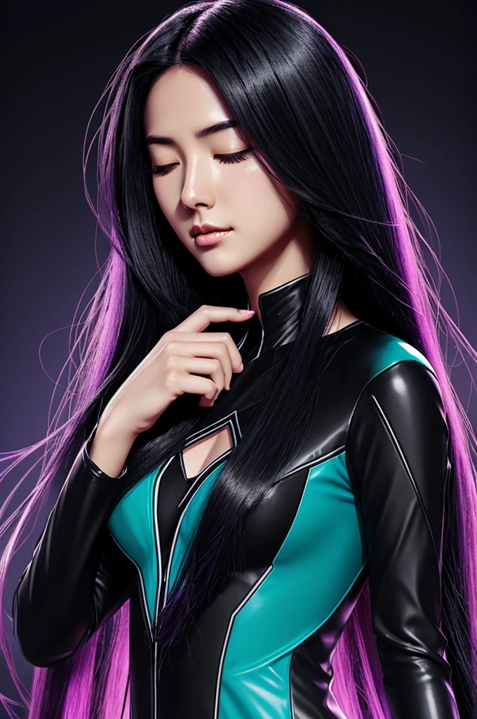 digital art manhwa style girl eyes closed back, 20 years old loose long brittle black hair turquoise tips and fine, feminine features, with full black and purple spiderwoman suit irresident lines falling back