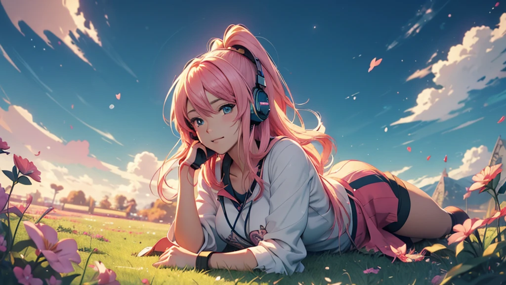 Woman wearing headphones, Anime Style 4 k, anime wallpaper 4k, anime wallpaper 4k, 4k anime wallpaper, anime art wallpaper 4k, anime art wallpaper 4k, Anime Style. 8k, Anime atmosphere, , Ultra HD Anime Wallpaper, Anime Art Wallpaper 8K, Anime Background,landscape、grassland、Lying down、Meadow