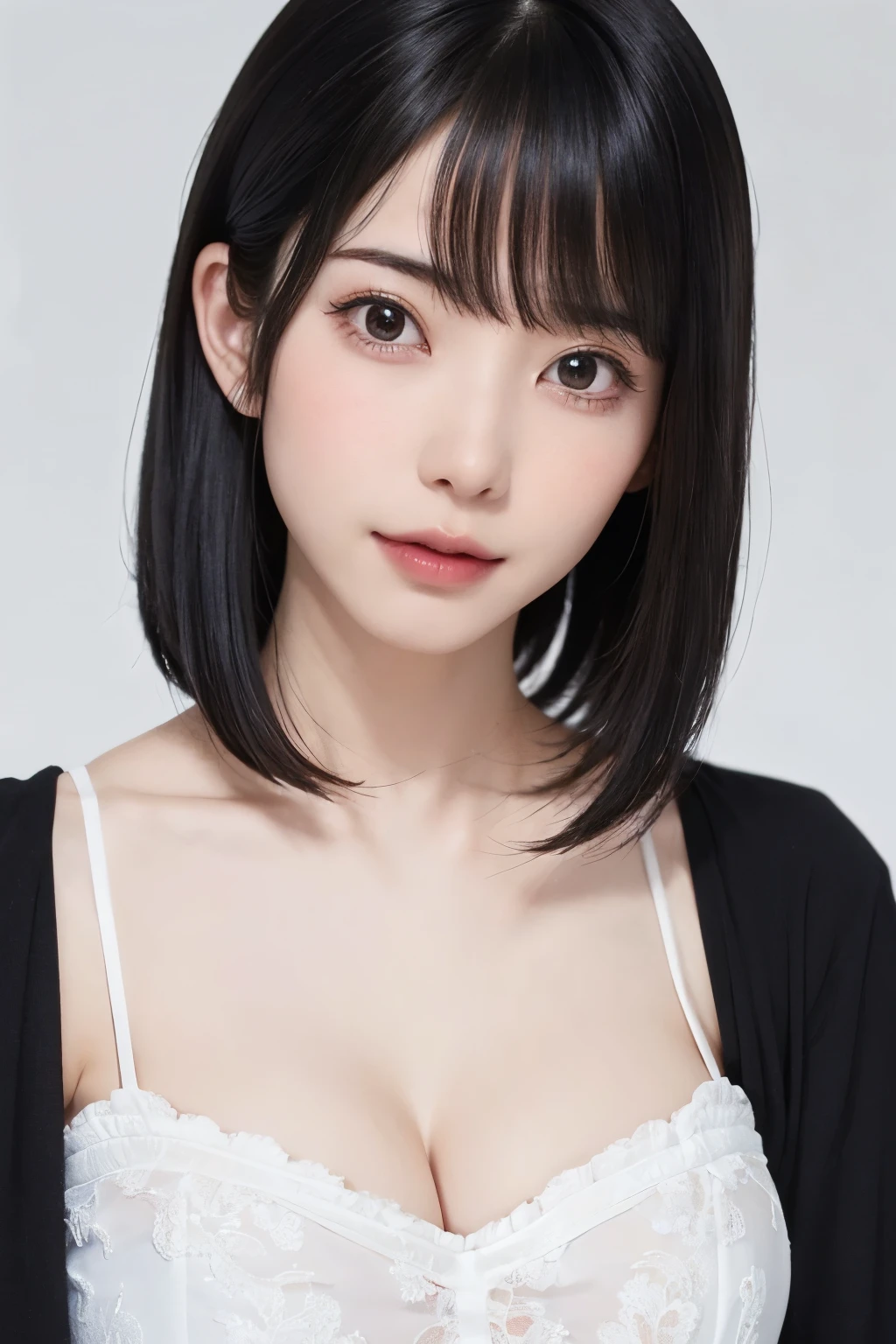 Everything is beautifully detailed:1.6,masterpiece、Highest quality、1 girl, alone, alone focus, Cowboy Shot, Portraiture, Larger clothes, Blue and white hoodie, half水彩画, half, ((Black Hair)), (Shiny Hair), (Gradient Hair :1.5), Curly Hair, ((Beautifully drawn delicate eyes)), Very detailedな目, Sunburn, (Dark caramel skin:1.1), Highest quality, Very detailed, White Background, Simple Background、{Huge|big|Hugeな|Mega} chest:2, chestの谷間:2、開けたchest、Perfect Anatomy、Cute Smile、((short hair:1.8、Short Bob Hair、bangs))、Listen carefully、Beautiful long neck、Perfect Anatomy