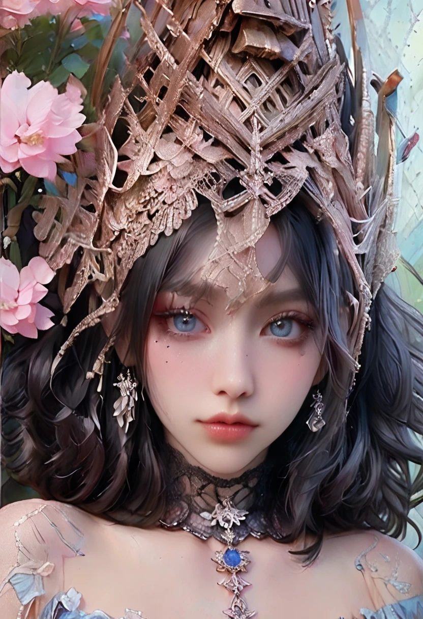 A pale goth woman with black roses in her hair, grey eyes and silver makeup wearing an elaborate headdress made of lace and thorns, a pentagram necklace around her neck and flowers on top of her head, digital art in the style of daniel f gerhartz and Ray Caesar, detailed portrait