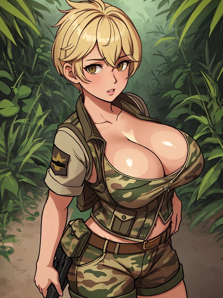 An image of a busty female soldier, pixie hair, gorgeous, (cleavage), camo vest, hotpants, jungle, (detailed skin complexion:1.2), best quality, vivid color, rtx shading effect, ambient occlusion, highly detailed textures