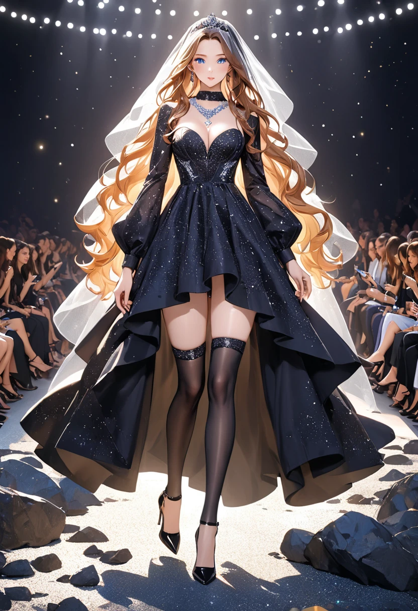 a glamour picture shot, of an elite model covered in stars, walking on a (dark catwalk: 1.2), an extraordinary glamourous elite female model, ((full body: 1.5)),  ((anatomically correct: 1.5), (ultra detailed face: 1.2), best detailed face, yrllow hair, long hair, lush hair, glam hair cut, blue eyes, delicate face, light make up, wearing intricate detailed dress, glamour dress, haute couture dress, elite fashion dress, black as night dress, decorated with bright stars, starlight,  small cleavage, wearing high heels, elegant high heels, she wears diamond necklace, she is glows in a soft starry light, she walks on (asteroid catwalk: 1.2), elite fashion show background, vibrant, Hyperrealism style, vibrant, Ultra-high resolution, High Contrast, (masterpiece:1.5), highest quality, Best aesthetics), best details, best quality, highres, ultra wide angle, 16k, [ultra detailed], masterpiece, best quality, (extremely detailed) RAW, chumbasket art style, hud_s1n, short black dress, long sleeves, veil, thighhighs, star, Haute_Couture