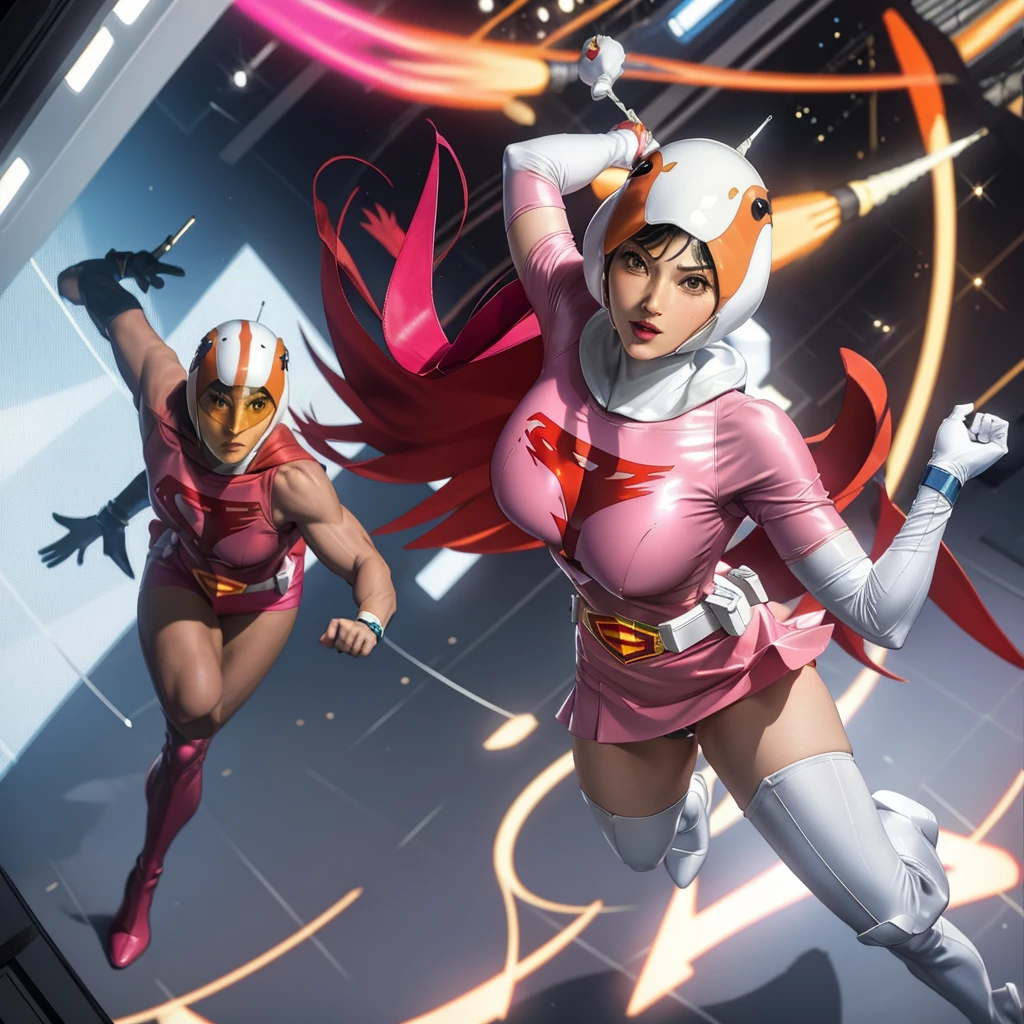 ANI_CLASSIC_jun_gatchaman_ownwaifu,1girl, ,good anatomy, masterpiece, best quality,realistic, hyper realistic, 16k hdr, long hair,breasts,lips,large breasts,lipstick,makeup,gloves,cape,helmet,belt,elbow gloves,white gloves,mask,ultra miniskirt,leotard,spacesuit,white tight overknee highheels boots,pink dress,superhero,bodysuit,cleavage,erected nipples,(fighting poses),cameltoe