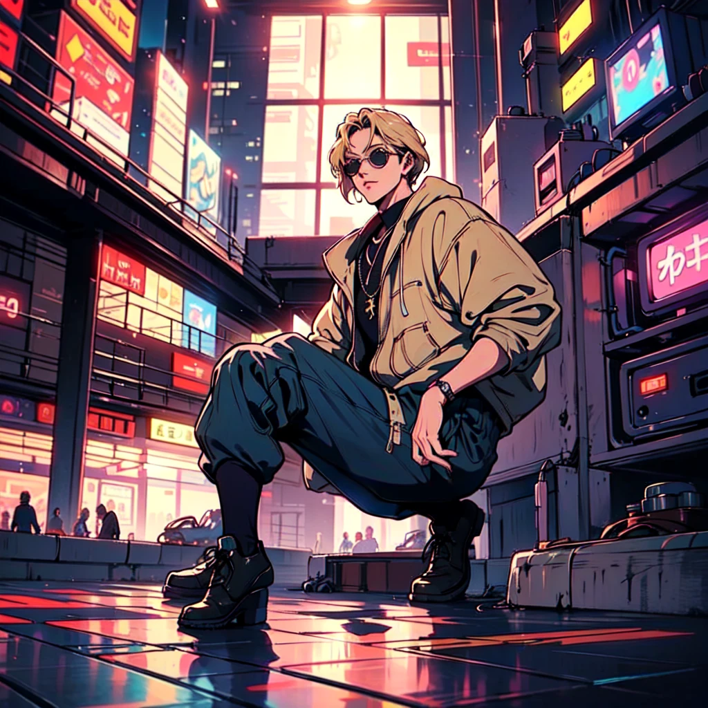 A city pop poster with a retro 80s feel、Imagine the album cover。With the highest quality anime illustrations、The main character is a blonde girl with short hair.。Her eyes shine blue、He is wearing sunglasses and rapper-style clothing.、Holding a guitar、I&#39;m wearing headphones。
The image is in a dynamic pose.、Drawn from a novel angle。Created in high definition like 4K、Creates the feeling of being in a dark room。The room was lit by blue lights.、It has a fantastic atmosphere。The room is a small space like a 1K.、The window offers a view of downtown Shinjuku.。
This work depicts a night city enveloped in neon lights.、This will be a record that allows you to fully enjoy the charm of city pop.。