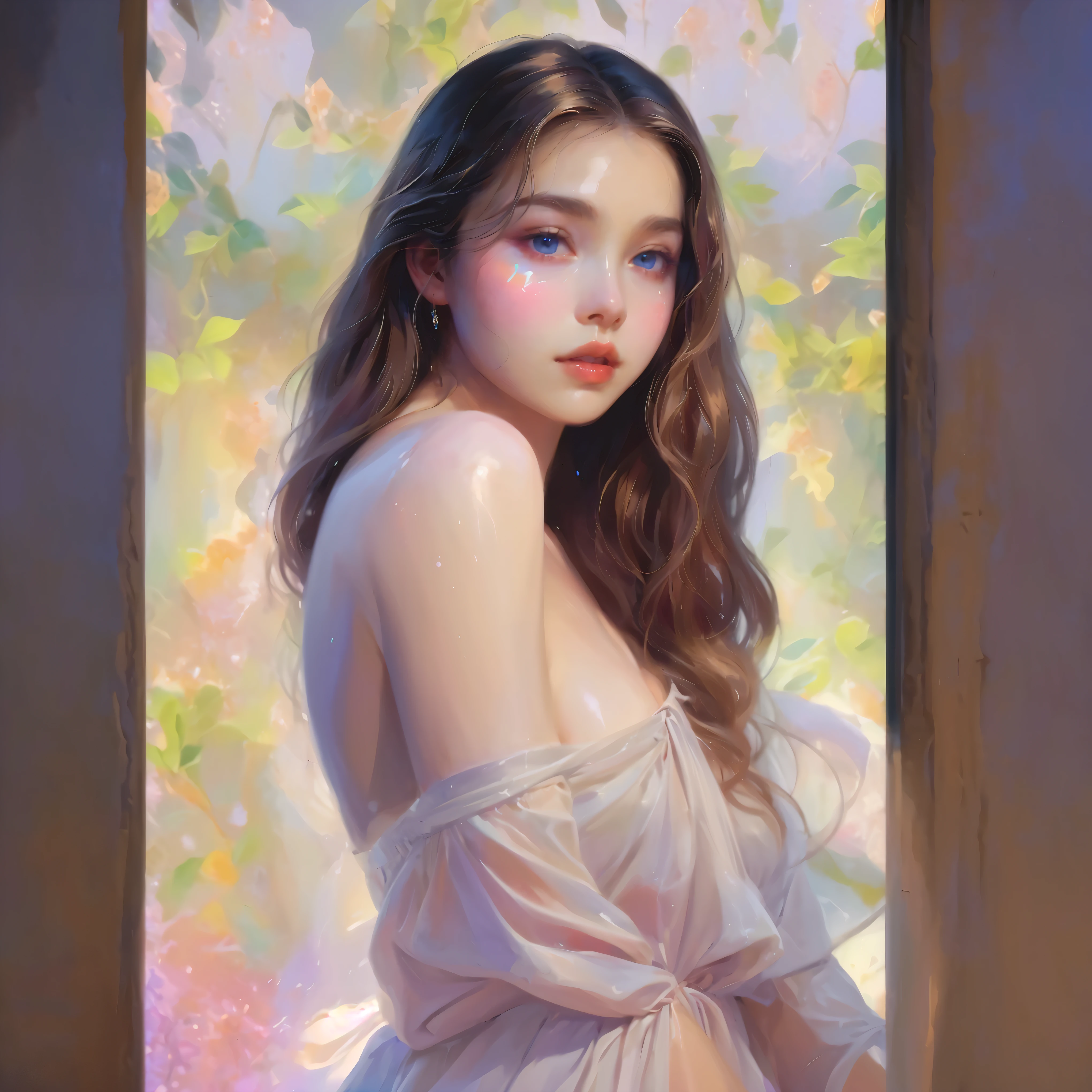 1girl, solo, beautiful detailed eyes, beautifully detailed lips, pale skin, delicate features, porcelain-like complexion, elegant pose, graceful posture, ethereal beauty, light atmosphere, soft and subtle lighting, delicate, fine brushstrokes, realistic rendering, vibrant colors, dreamlike ambiance, soft painting style, a sense of tranquility, a masterpiece capturing the essence of purity and grace, gorgeous breasts, cleavage, sexy, ((aesthetic soft painting background)), (Style by NTY), sexy, ((rainbow glowing specks on the skin)), ((wet skin)), mascara, eyelashes, glitter on her face, sexy lips, nice contrast, light particles, soft lighting, volumetric lighting, finely detailed, ((big breasts)), (((looking at the viewer))), extremely beautiful eyes, Extremely detailed eyes, light color eyes