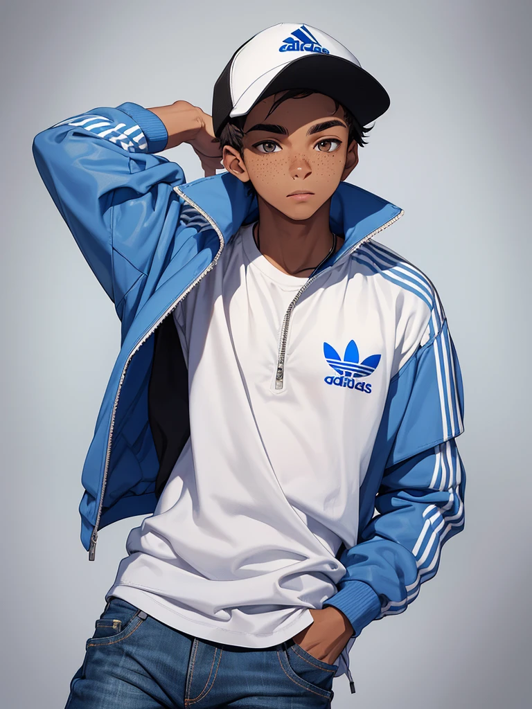 Young man about 19 years old wearing a blue Adidas Urbana white collar shirt , tight jeans and a black adidas urban cap , his brown eyes , eyebrows a little thick. has presentable freckles