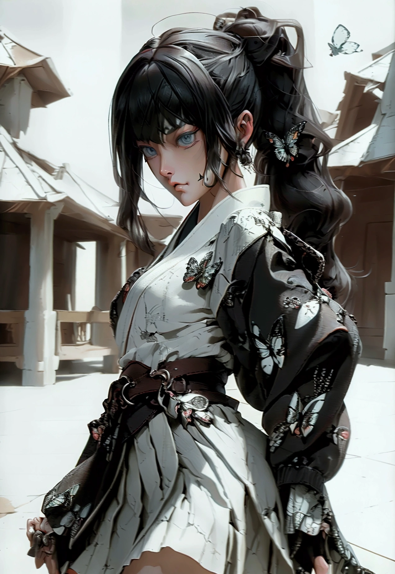 (masterpiece, best quality, ultra detailed, absurdres:1.5), 1girl, 1 girl, (sexy, beautiful woman, perfect face, perfect eyes, perfect female body:1.5), (kanaodef, black hair, long hair, blunt bangs, bangs, hair ornament, bug, butterfly, side ponytail, butterfly hair ornament, skirt, long sleeves, jacket, black jacket, pleated skirt, belt, black skirt, knee, buckle, sheathed, belt buckle, white belt, cape, white cape, demon slayer uniform, kimetsu no yaiba, ), (standing, outdoors, dojo in background), perfect lighting, smooth, hdr