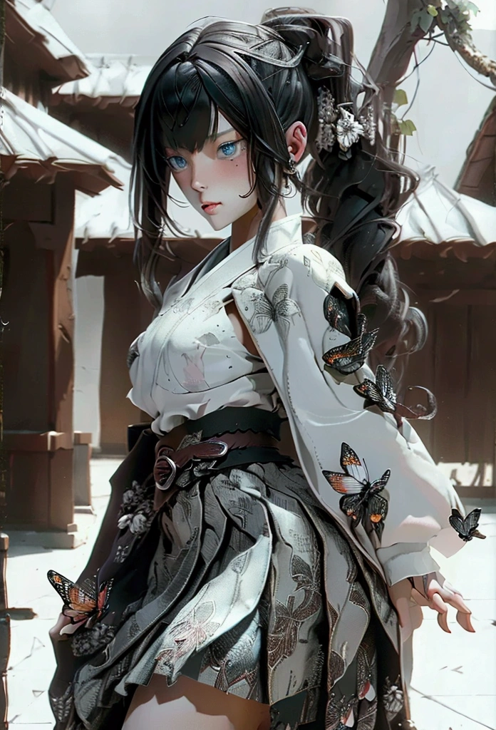 (masterpiece, best quality, ultra detailed, absurdres:1.5), 1girl, 1 girl, (sexy, beautiful woman, perfect face, perfect eyes, perfect female body:1.5), (kanaodef, black hair, long hair, blunt bangs, bangs, hair ornament, bug, butterfly, side ponytail, butterfly hair ornament, skirt, long sleeves, jacket, black jacket, pleated skirt, belt, black skirt, knee, buckle, sheathed, belt buckle, white belt, cape, white cape, demon slayer uniform, kimetsu no yaiba, ), (standing, outdoors, dojo in background), perfect lighting, smooth, hdr