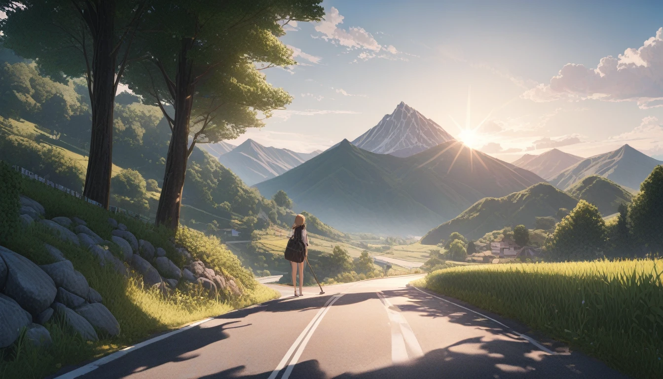 ultra-detailed, (professional lighting) hyper detailed, absurdres, 8k, noon, summer, Mountain road in the countryside