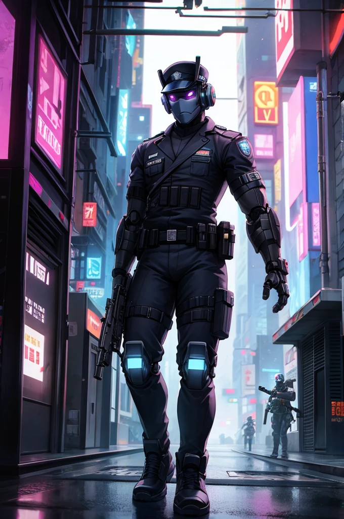 Cyberpunk Robot Policeman with a rifle arm