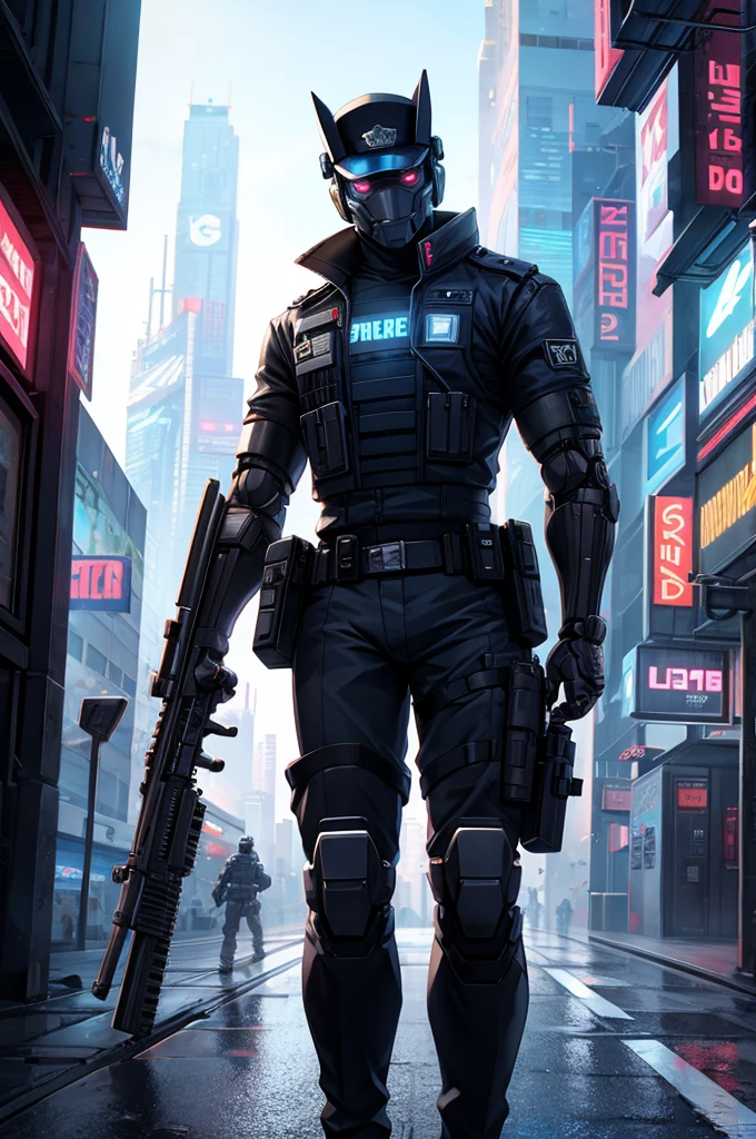 Cyberpunk Robot Policeman with a rifle arm
