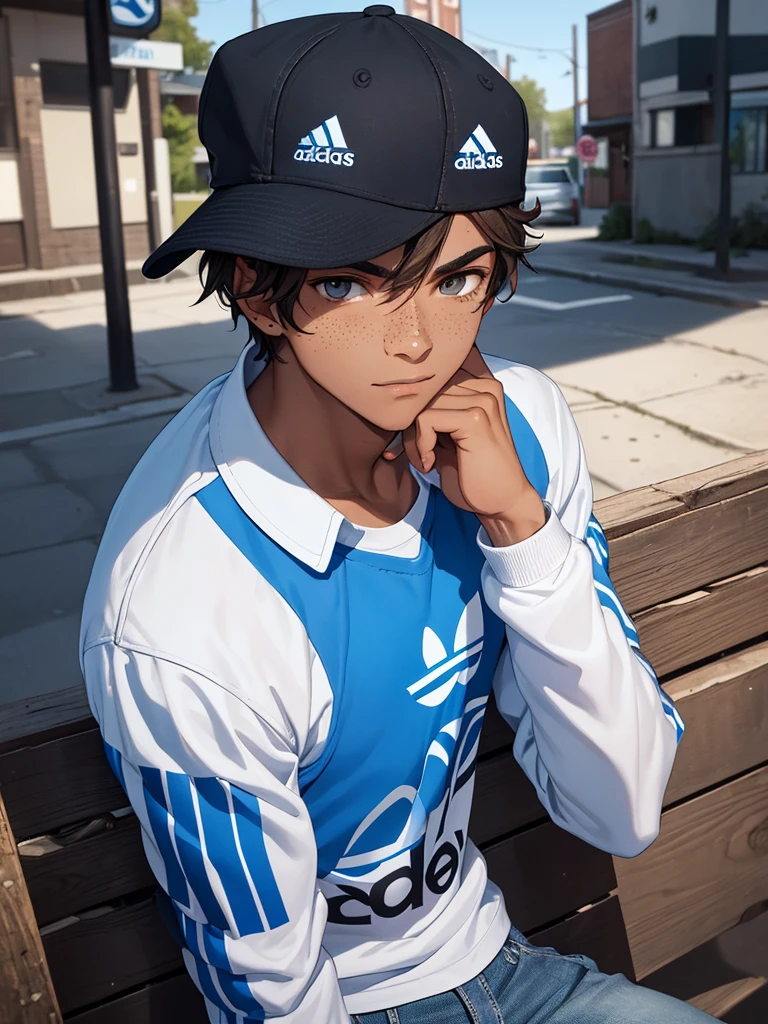 Young man about 19 years old wearing a blue Adidas Urbana white collar shirt , tight jeans and a black adidas urban cap , his brown eyes , eyebrows a little thick. has presentable freckles