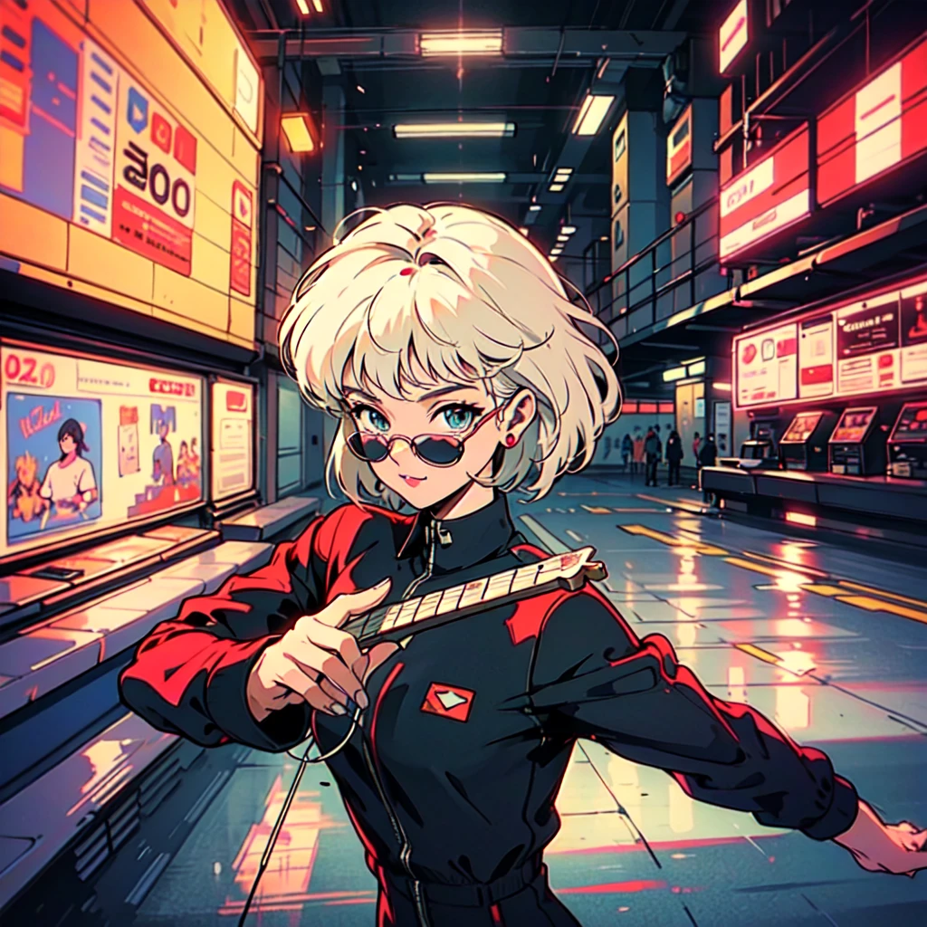 A city pop poster with a retro 80s feel、Imagine the album cover。With the highest quality anime illustrations、The main character is a blonde girl with short hair.。Her eyes shine blue、He is wearing sunglasses and rapper-style clothing.、Holding a guitar、I&#39;m wearing headphones。
The image is in a dynamic pose.、Drawn from a novel angle。Created in high definition like 4K、Creates the feeling of being in a dark room。The room was lit by blue lights.、It has a fantastic atmosphere。The room is a small space like a 1K.、The window offers a view of downtown Shinjuku.。
This work depicts a night city enveloped in neon lights.、This will be a record that allows you to fully enjoy the charm of city pop.。
