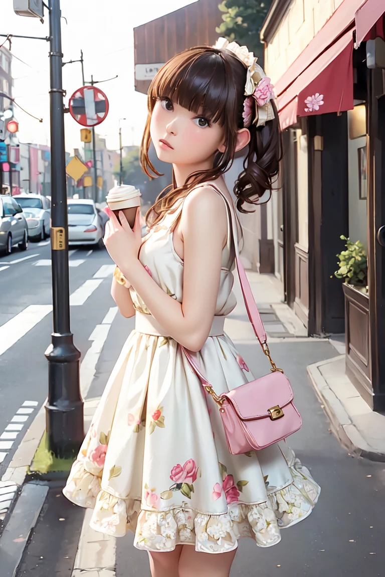 ((masterpiece, Highest quality, Very detailed)), girl, alone, 
Fashion Model, cute female model, Girlish style, Floral print dress, Backstrap shoes、Small Bag, Street Corner, Cafe, Soft Light