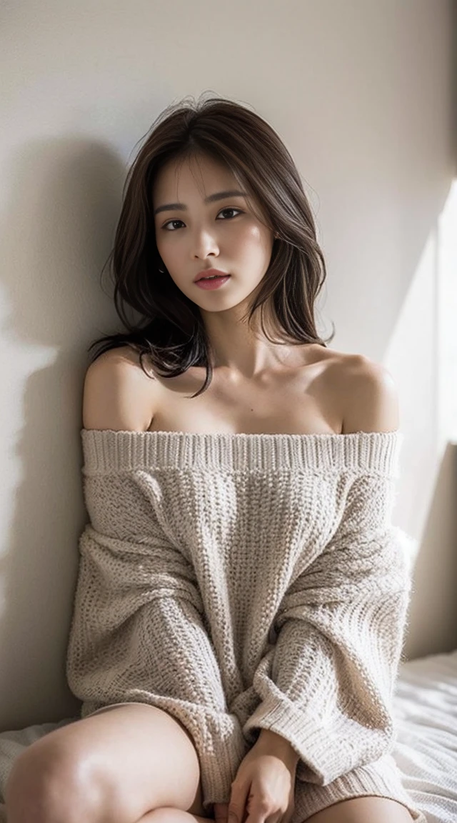 Dark brown hair、Light brown eyes、Japanese actress、 Lady、I am about 40 years old........、(Intricate details:1.2)、(Which is the top????????:1.4)、 (Ultra-high resolution:1.2)、Ultra-high resolution、(fine adjustment)、(Detailed facial features)、Hmph、8k resolution、D cup size breasts、Long Hair、1 girl, Deep sorrowの表情, (Very detailed美しい顔), (Off-shoulder T-shirt:1.5), (Expose your shoulders:1.3), (Highest quality:1.4), (Very detailed)、Beautiful fair skin with transparency, Are sleeping、Sleeping on the floor、Horizontal image above、 Spread your legs wide, Please open your mouth a little、Her legs are visible through the dress、Deep sorrow、Pose of Weakness、Obscene pose、White floor、White wall、The morning sun shines in、Sleeping on your side。On the bed、Please cover yourself with a blanket.、