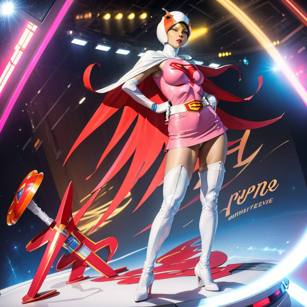 ANI_CLASSIC_jun_gatchaman_ownwaifu,1girl, yo,good anatomy, masterpiece, best quality,realistic, hyper realistic, 16k hdr, long hair,breasts,lips,large breasts,lipstick,makeup,gloves,cape,helmet,belt,elbow gloves,white gloves,mask,ultra miniskirt,leotard,spacesuit,white tight overknee highheels boots,pink dress,superhero,bodysuit,cleavage,erected nipples,(stand pose,hands on hip),(spread legs:1.1),cameltoe