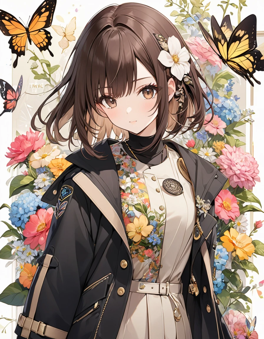 Butterflies are flying、Facing at an angle、1girl, dark brown hair, stylish, stylish code, large jacket, flower gaden