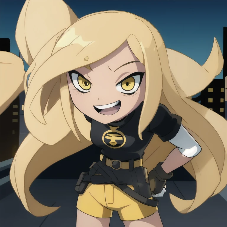 masterpiece,best quality, thick outline, (cartoon),1girl, solo, Terra_DcCartoon, long blonde hair, black shirt, yellow shorts, belt, eyeliner, laughing, in the city, sfw,