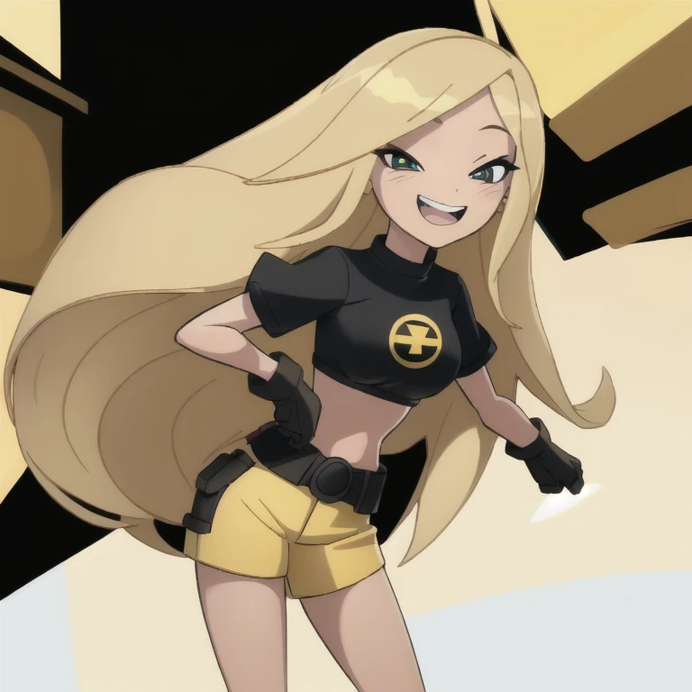 masterpiece,best quality, thick outline, (cartoon),1girl, solo,  Terra_DcCartoon,  long blonde hair, black shirt, yellow shorts, belt,  eyeliner, laughing,  in the city, sfw, 