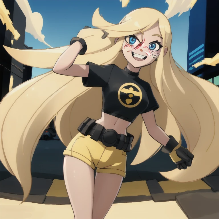 masterpiece,best quality, thick outline, (cartoon),1girl, solo,  Terra_DcCartoon,  long blonde hair, black shirt, yellow shorts, belt,  eyeliner, laughing,  in the city, sfw, 