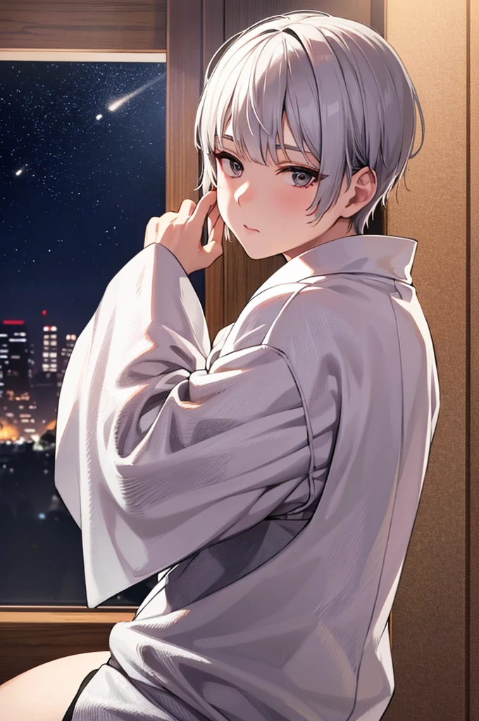 Silver Hair　Short Hair　Beautiful Boy　Baby Face　festival　yukata　night
