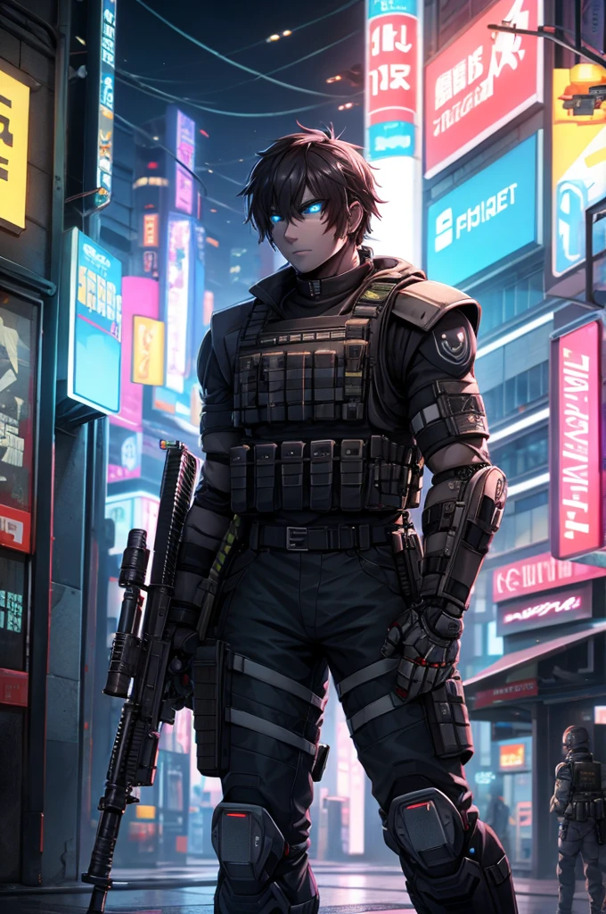 Cyberpunk Robot Soldier with a rifle arm and a complete bulletproof vest
