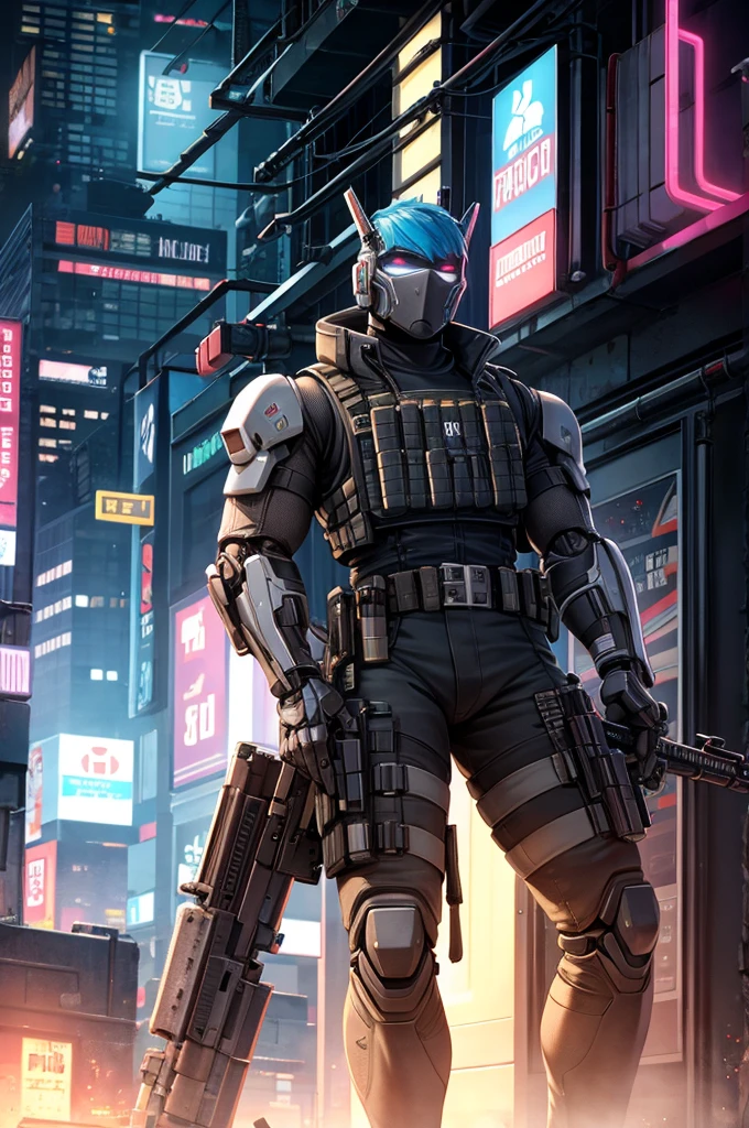 Cyberpunk Robot Soldier with a rifle arm and a complete bulletproof vest
