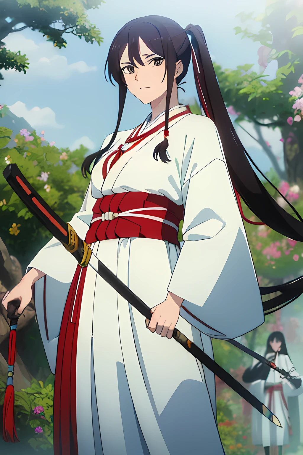 (​masterpiece), ((top-quality)), NSFW, asaemon_sagiri, 1girl, solo, long_hair, black_hair, poneyTail, brown-eyed, detaileds, missiles, Plein Air, japanese_clothes, The sword, Wide_sleeves, kimono, holding_weapon, The tree, obi, obi, knives, scabbard, scabbard, naturey, PM, hight resolution,look at viewer