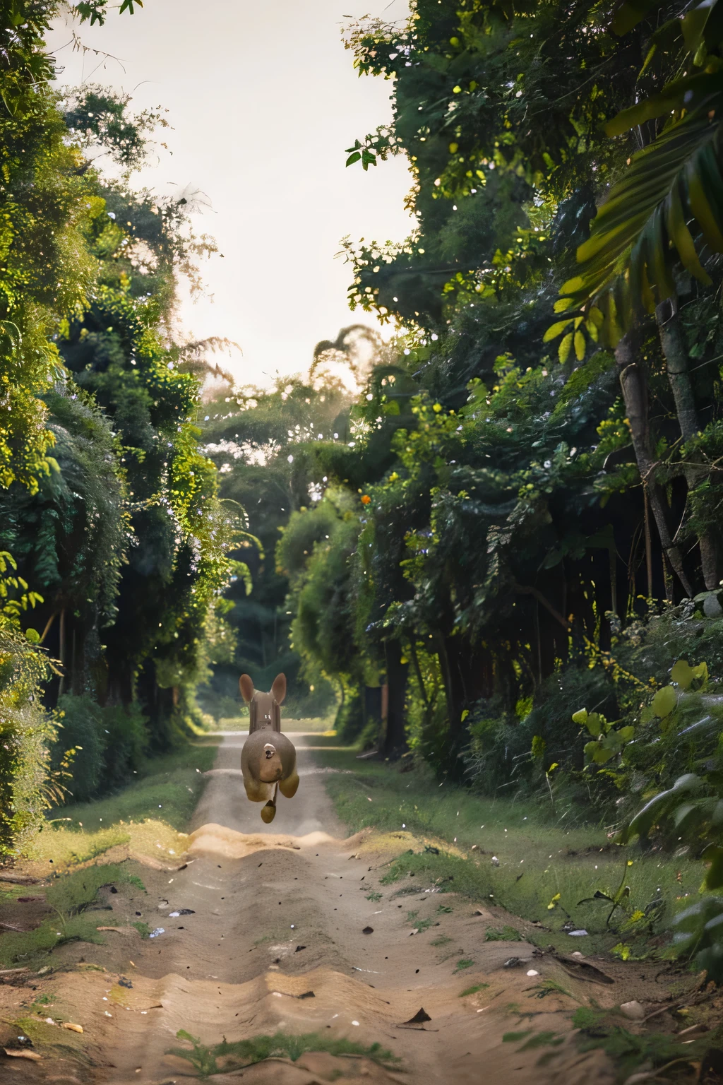 Rabbit Runs Ahead:
"The rabbit sprinting ahead energetically through the jungle, leaving the other animals far behind. The background shows a blur of trees and greenery