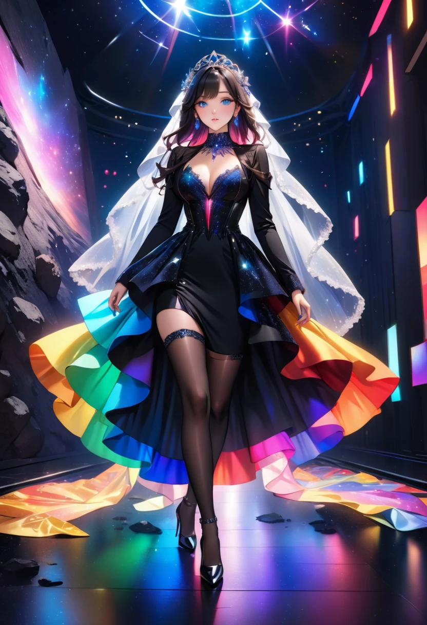 a glamour picture shot, of an elite model covered in stars, walking on a (dark catwalk: 1.2), an extraordinary glamourous elite female model, ((full body: 1.5)),  ((anatomically correct: 1.5), (ultra detailed face: 1.2), best detailed face, yrllow hair, long hair, lush hair, glam hair cut, blue eyes, delicate face, light make up, wearing intricate detailed dress, glamour dress, haute couture dress, elite fashion dress, black as night dress, decorated with bright stars, starlight,  small cleavage, wearing high heels, elegant high heels, she wears diamond necklace, she is glows in a soft starry light, she walks on (asteroid catwalk: 1.2), elite fashion show background, vibrant, Hyperrealism style, vibrant, Ultra-high resolution, High Contrast, (masterpiece:1.5), highest quality, Best aesthetics), best details, best quality, highres, ultra wide angle, 16k, [ultra detailed], masterpiece, best quality, (extremely detailed) RAW, chumbasket art style, hud_s1n, short black dress, long sleeves, veil, thighhighs, star, Haute_Couture