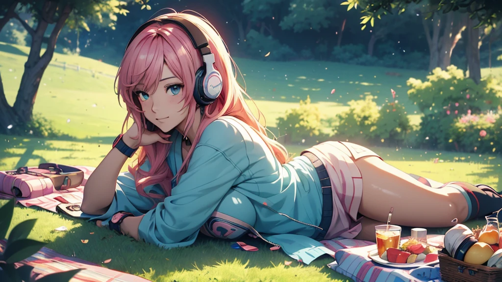 Woman wearing headphones, Anime Style 4 k, anime wallpaper 4k, anime wallpaper 4k, 4k anime wallpaper, anime art wallpaper 4k, anime art wallpaper 4k, Anime Style. 8k, Anime atmosphere, , Ultra HD Anime Wallpaper, Anime Art Wallpaper 8K, Anime Background,landscape、grassland、Lying down、Meadow、picnic