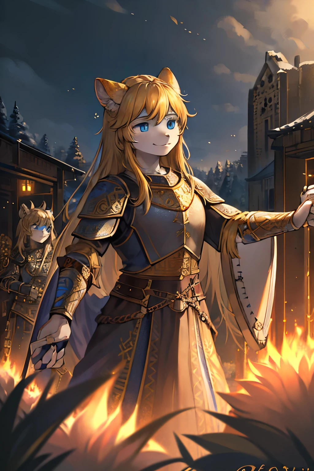 Gebo, Deborah, ancient Norse god of gifts and exchange, ((photorealistic representation)), ((exquisite details)), ((metallic armor)), ((shield with intricate designs)), ((golden hair flowing in the wind)), ((blue eyes full of wisdom)), ((position of hands holding a balance scale)), ((outdoor setting in a bustling marketplace)), ((depth of field emphasizing Gebo in the foreground)), ((high-quality rendering: 1.4)), ((anatomically correct: 1.1)), ((historically accurate attire)), ((iconic symbol of justice and fairness)), ((faint smile on Gebo's lips)).
