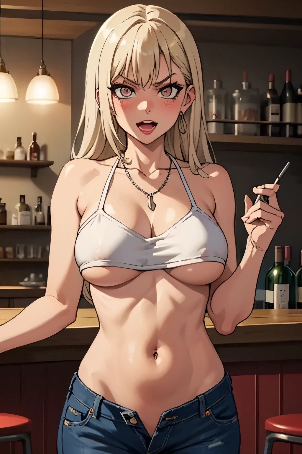 houjou ranko, white skin, earrings, necklace, large breasts, long hair,, blush, lipstick, Hot girl, baddie, staring, glaring, bad attitude, mean girl, crazy, smoking, sensual, attractive, bar background, inside bar, indoor, black hair, long hair, lipstick, makeup, black eyeshadow, detailed hair,perfect eyes, perfect face, long hair, blush, lipstick, jewelry, earrings, masterpiece,high quality,4k, bare shoulder,belly,crop top,holding pistol,cleavage,casual dress, bar
background, inside bar, indoor,smile, open mouth, (nsfw) not safe for work, evil expression, exposed
belly, exposed navel, exposed midriff, exposed lower belly, crop top overhang, underboob,
unbuttoned jeans , low rise black jeans, Low rise jeans, Low rise jeans with open fly, navel piercing