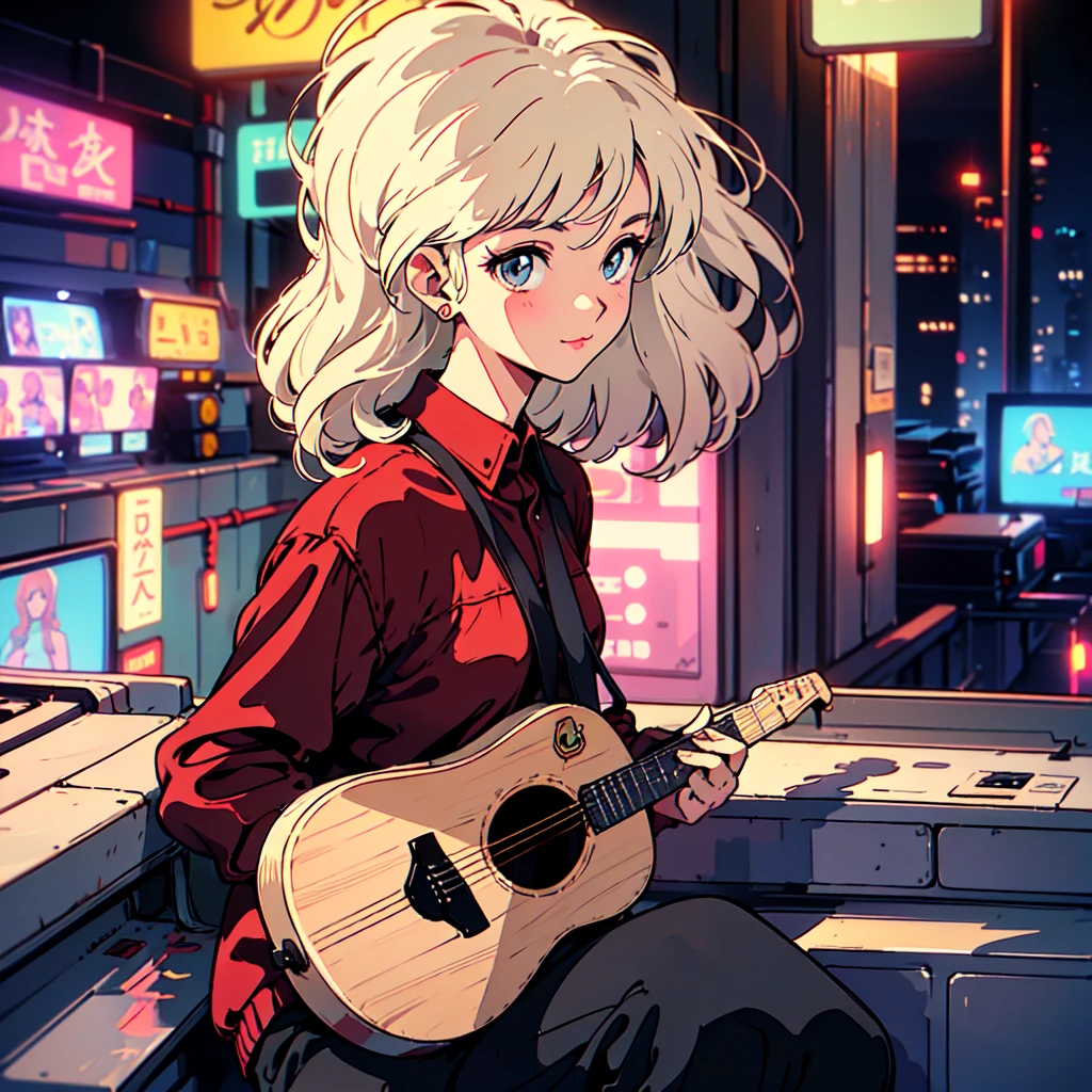 A city pop poster with a retro 80s feel、Imagine the album cover。With the highest quality anime illustrations、The main character is a blonde girl with short hair.。Her eyes shine blue、He is wearing sunglasses and rapper-style clothing.、Holding an acoustic guitar、I&#39;m wearing headphones。
The image is in a dynamic pose.、Drawn from a novel angle。Created in high definition like 4K、Creates the feeling of being in a dark room。The room was lit by blue lights.、It has a fantastic atmosphere。The room is a small space like a 1K.、The window offers a view of downtown Shinjuku.。
This work depicts a night city enveloped in neon lights.、This will be a record that allows you to fully enjoy the charm of city pop.。