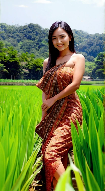 1girls, single, half body portrait, Thai sarong, bathe, Thai rice field backdrop, Thai folk atmosphere, long-haired, looking at the audience, enormous breasts,